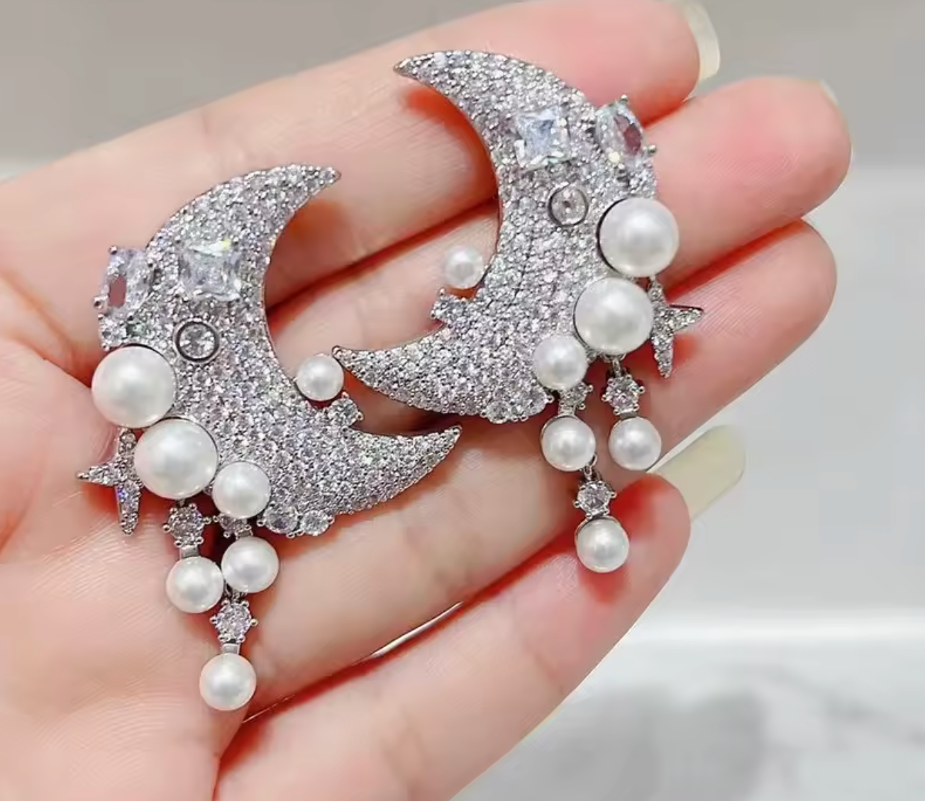 Royal Blue Cubic Zirconia & White Pearl Moon Drop Earrings