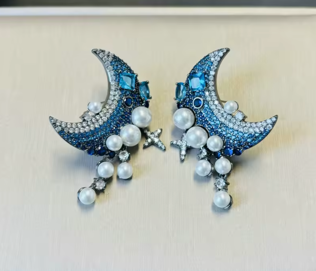 Royal Blue Cubic Zirconia & White Pearl Moon Drop Earrings