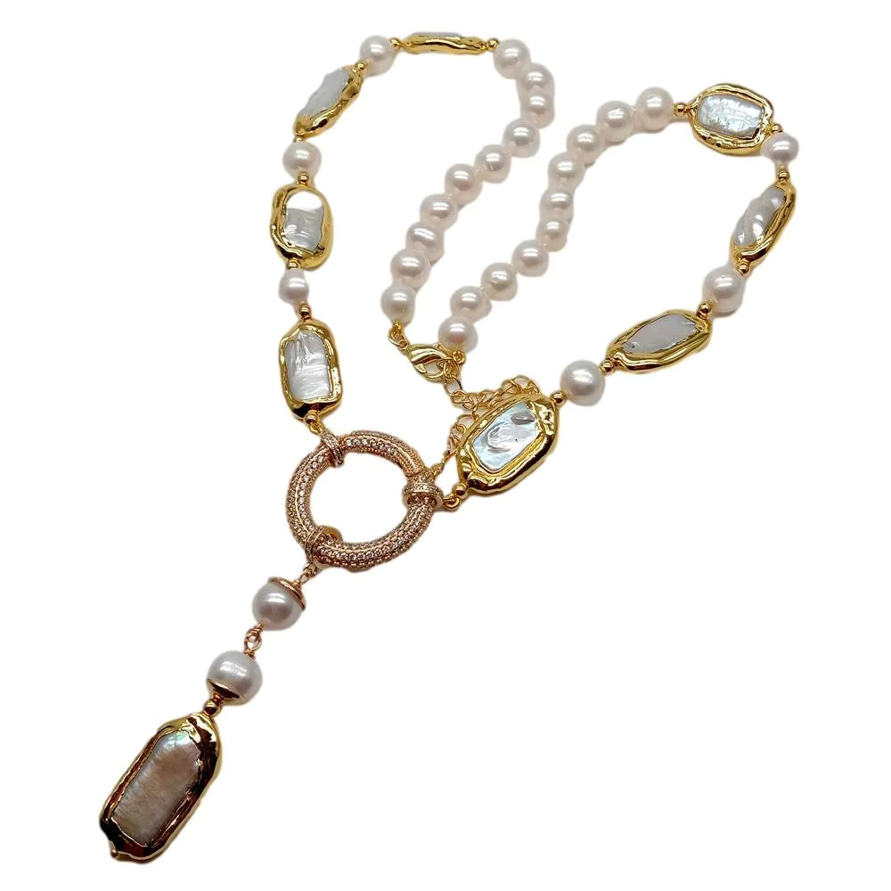 Biwa & Round Freshwater Pearl Y-Drop Necklace 18.5