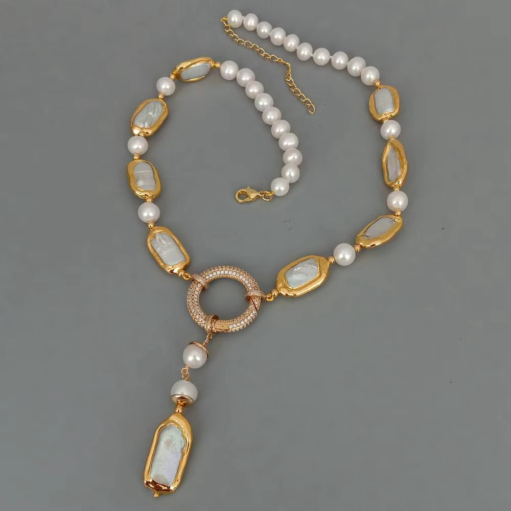 Biwa & Round Freshwater Pearl Y-Drop Necklace 18.5