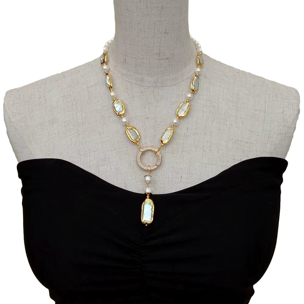 Biwa & Round Freshwater Pearl Y-Drop Necklace 18.5