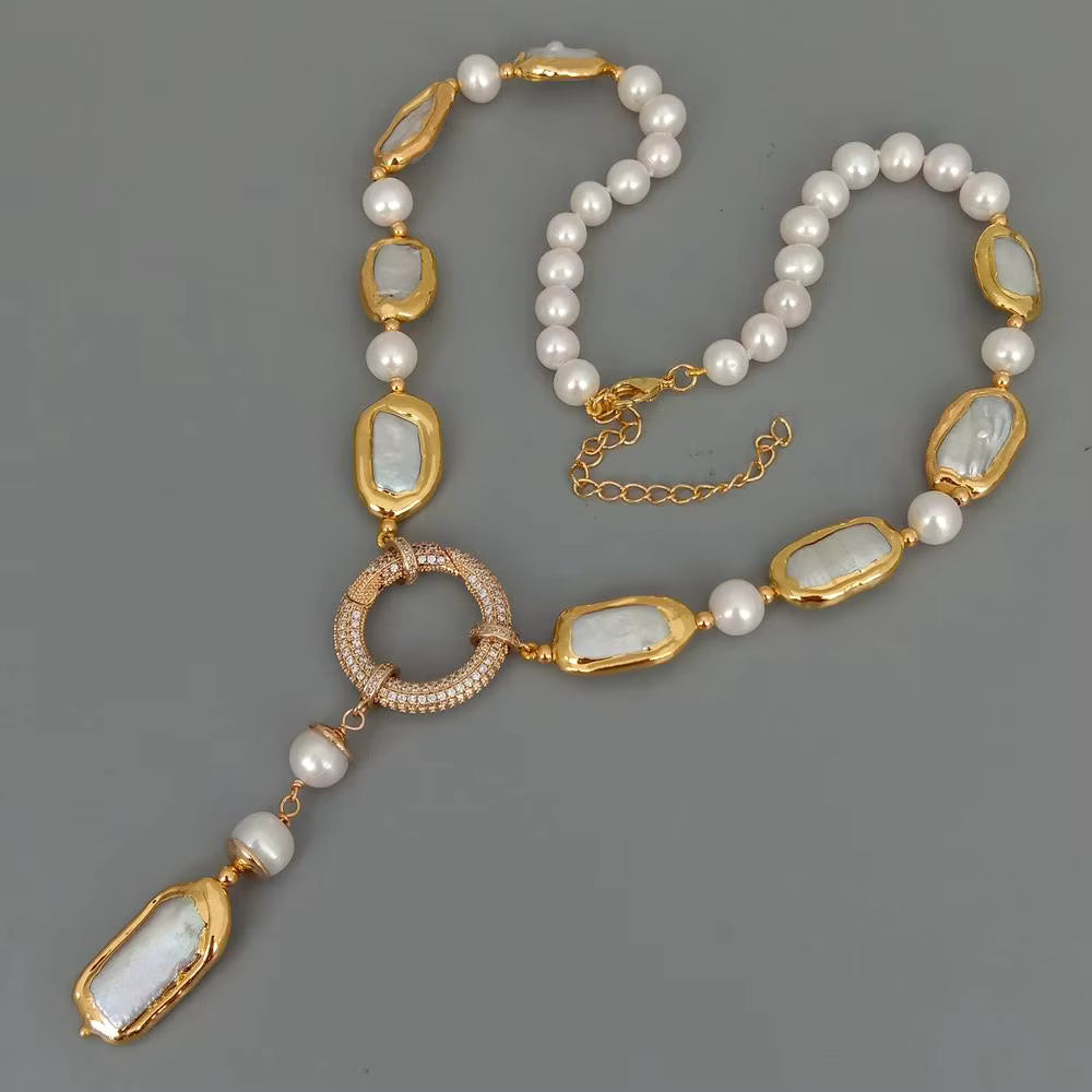 Biwa & Round Freshwater Pearl Y-Drop Necklace 18.5