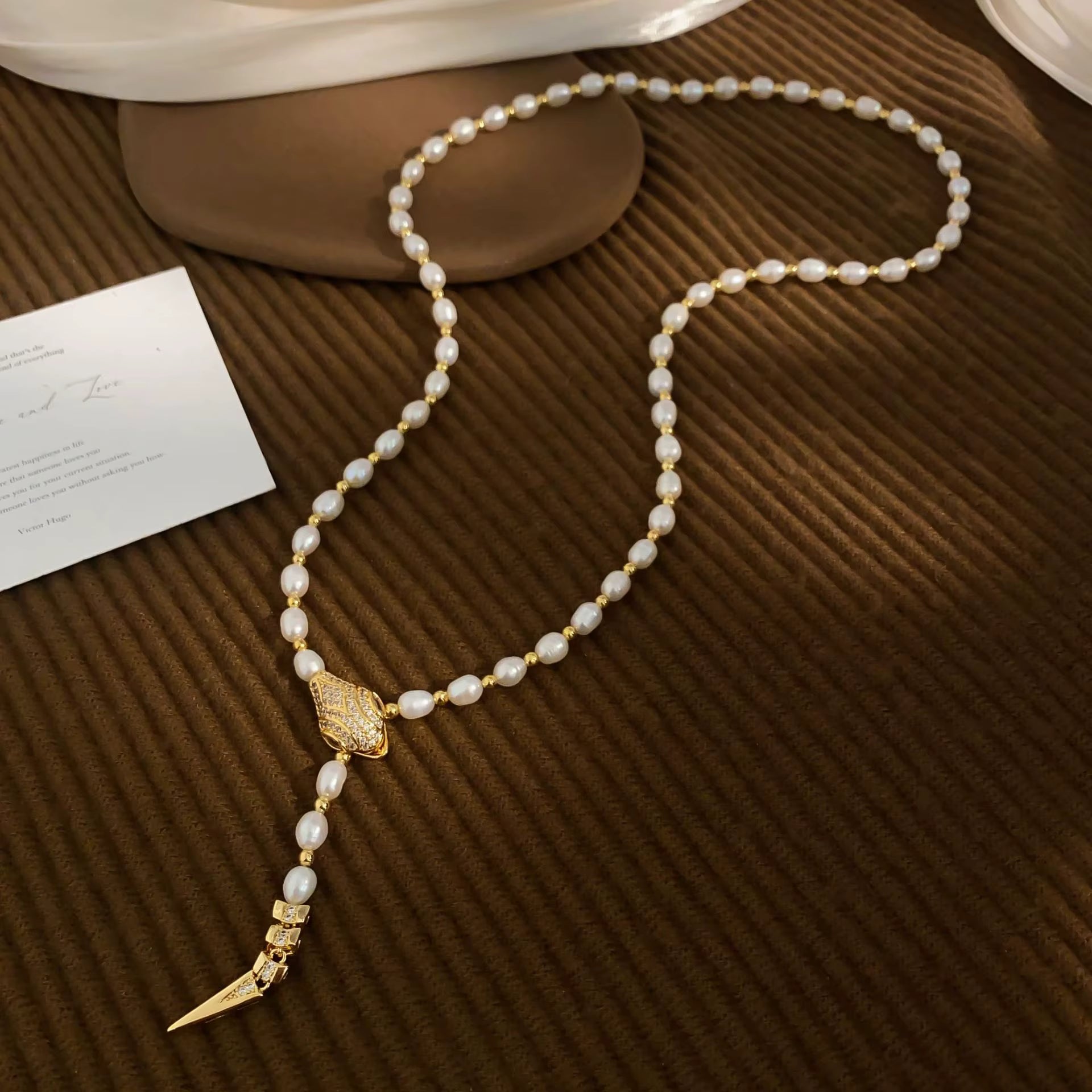14K Gold Filled Snake Necklace with Freshwater Pearl