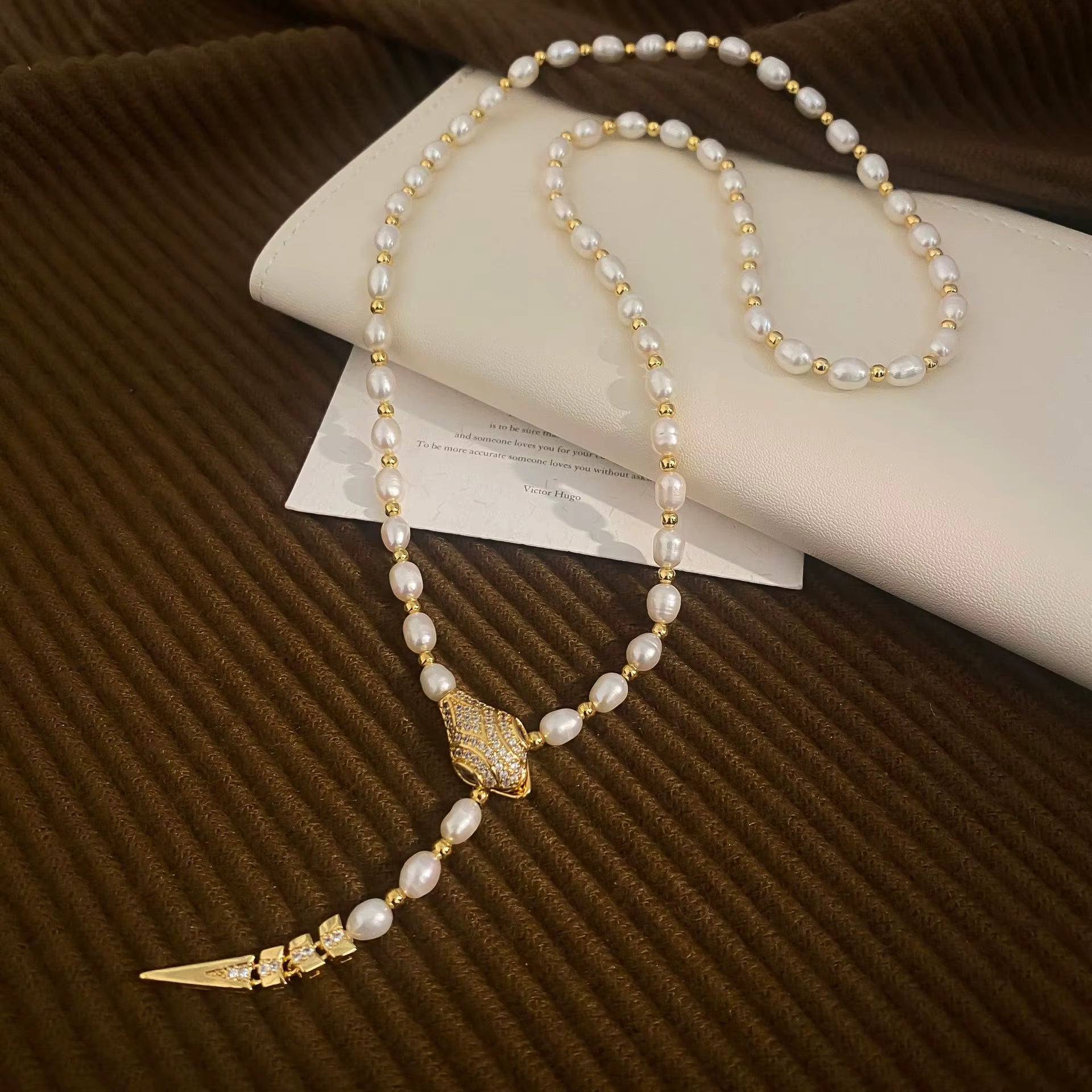 14K Gold Filled Snake Necklace with Freshwater Pearl