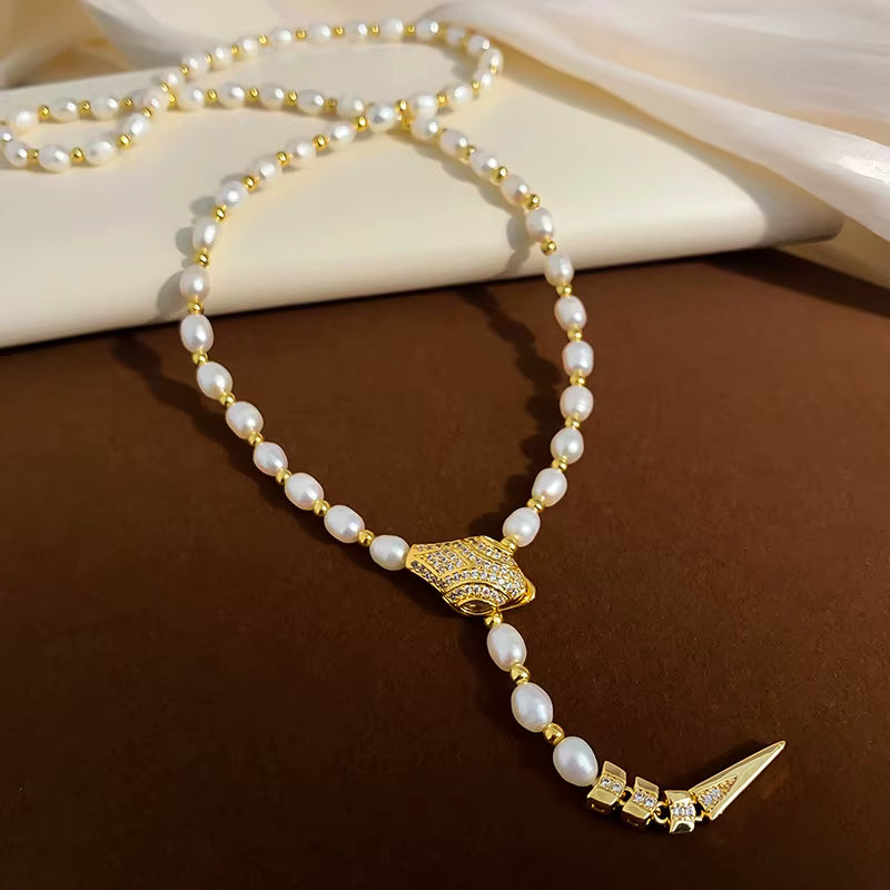 14K Gold Filled Snake Necklace with Freshwater Pearl