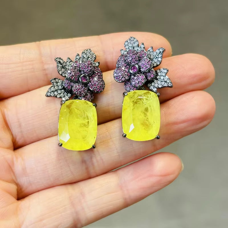 Floral Red & Gold CZ Dangle Earrings