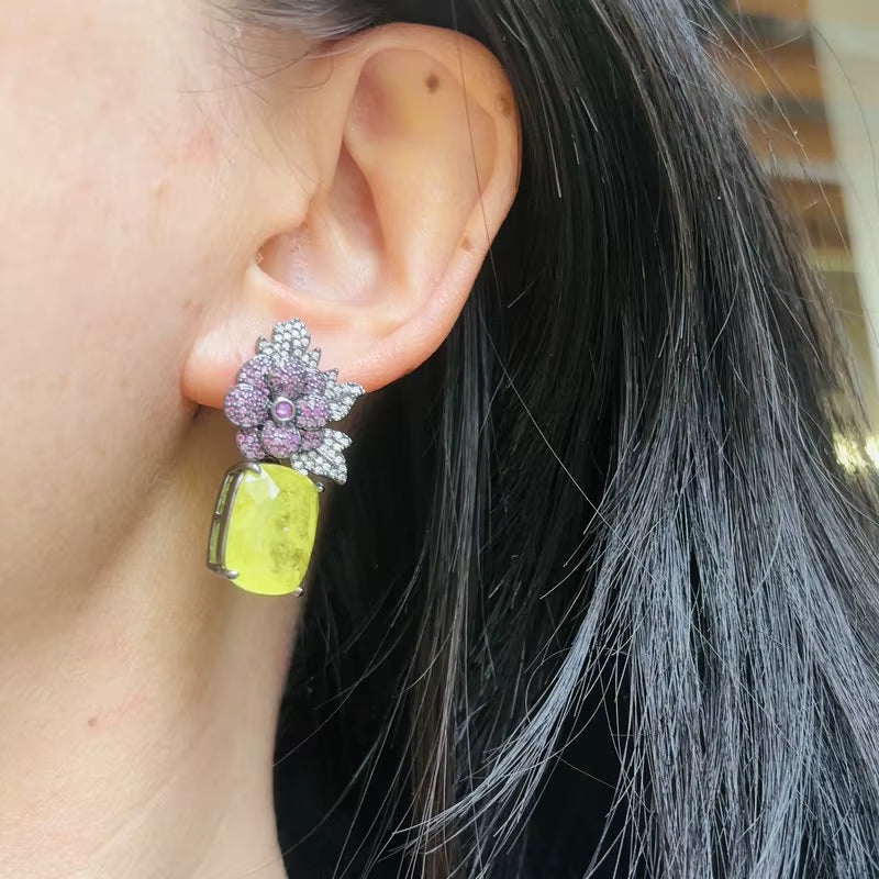 Floral Red & Gold CZ Dangle Earrings